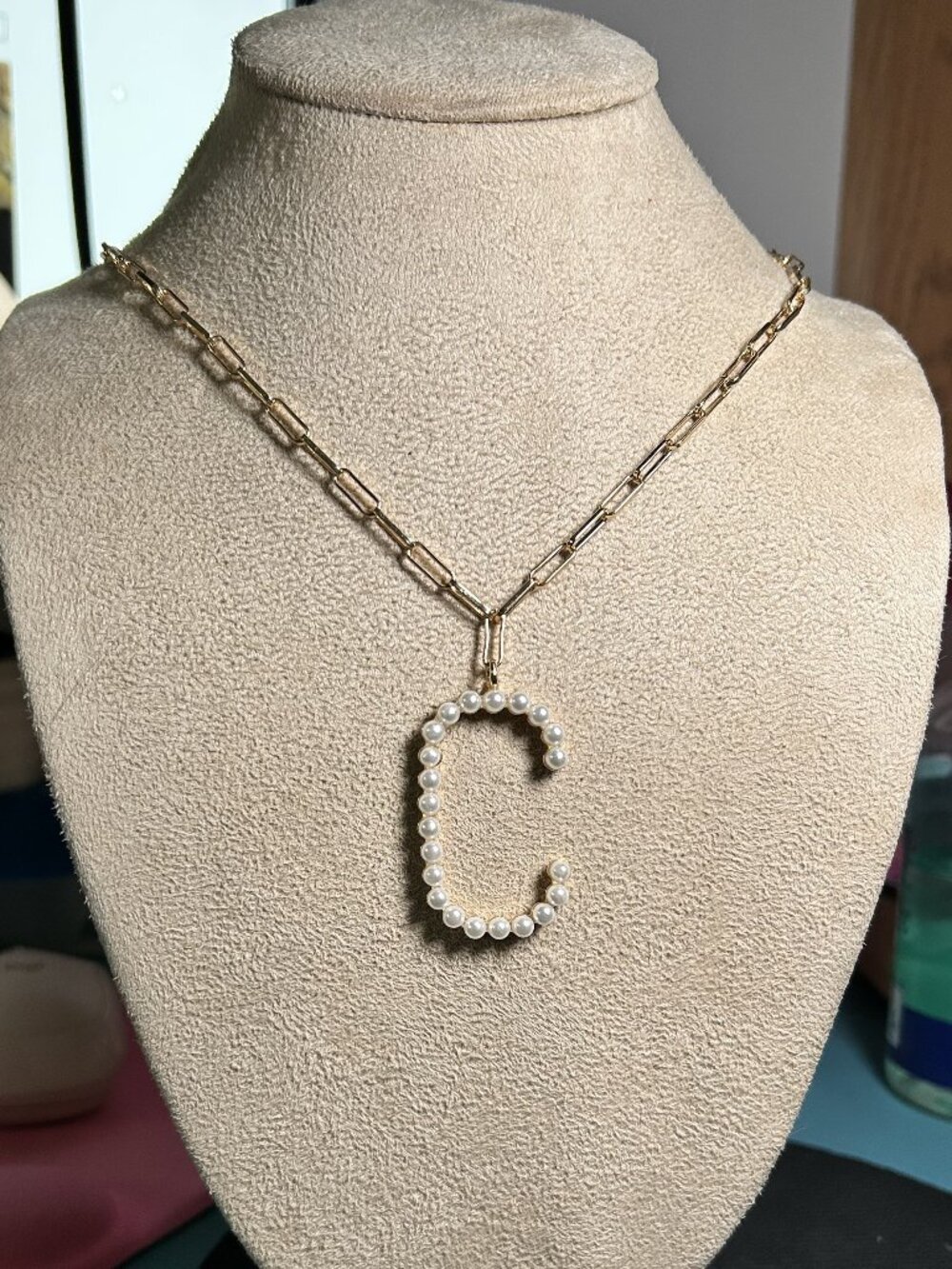 Sugarfix by BaubleBar Pearl Initial C Paperclip Chain Necklace Gold Tone